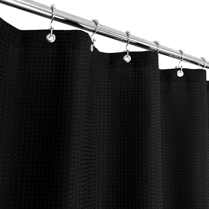 Waffle Weave Shower Curtain Hotel Luxury Spa, Black Heavyweight Fabric Shower Curtains for Bathroom, Washable & Water Repellent, Black, 71x72 Inch