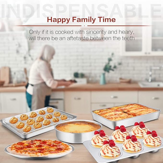 Toaster Oven Bakeware Set, E-far 6-Piece Stainless Steel Small Baking Pan Set, Include Cake Brownie Pan/Cookie Sheet with Rack/Muffin Tin/Pizza Pan, Non-Toxic & Healthy, Easy Clean & Dishwasher Safe