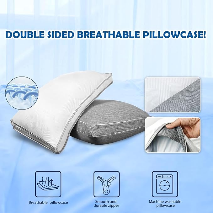 Shredded Foam Pillow Queen Size - Cooling Memory Foam Pillows That Stay Cold Adjustable Pillows for Sleeping Double-Sided Pillowcase