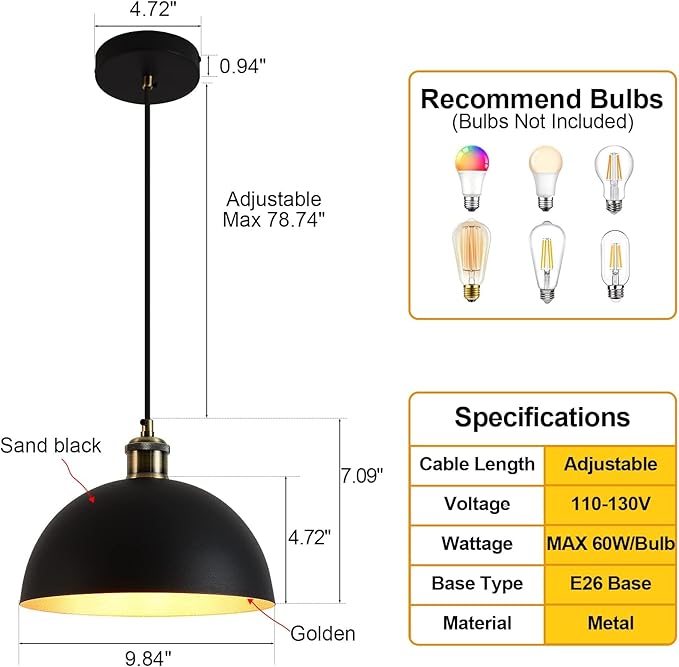 2 Vintage Industrial Pendant Light 9.84 "Industrial Dome Pendant Light Black and Gold Finish Lighting lamp line Length Pendant light78.74 Kitchen Island, Bedroom, Corridor