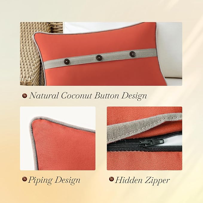 Outdoor Sunbrella Decorative Pillows with Triple Coconut Buttons Pack of 4, 20" x 12" Outdoor Pillow Set for Couch Bed Throw Patio Sofa, Canvas Melon/Cast Ash