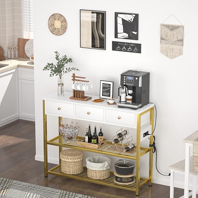 Ecoprsio 47'' Entryway Table with Outlets and USB Ports, Console Table with 3 Drawers, Sofa Table Narrow Long with Storage Shelves for Living Room, Couch, Hallway, Foyer, White and Golden