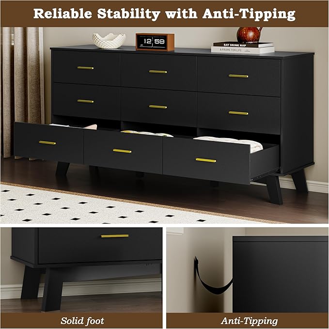 Dresser for Bedroom with 9-Drawer, 59" Wide Modern Chest of Drawers with Metal Handles, X-Shape Base & Adjustable Center Leg, Anti-Tip Closet Organizers and Storage