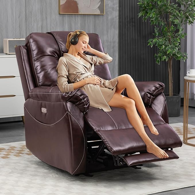 Power Recliner Chair,Wall Hugger Recliner with Heat and Massage,PU Leather Recliner Chair with 2 Side Pockets, USB & Type-C Port, Electric Recliner Chair for Living Room