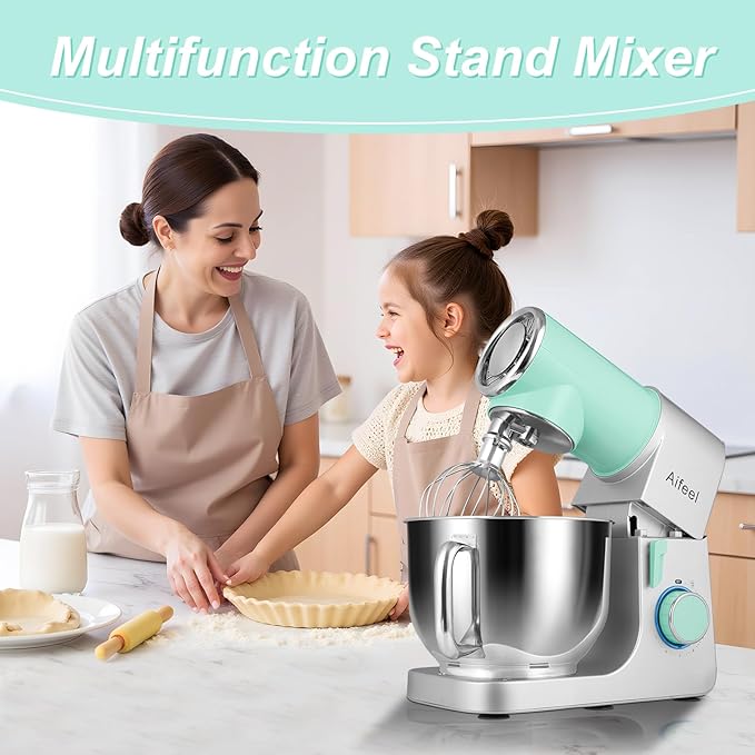 Aifeel Stand Mixer,6.5QT Kitchen Electric Mixer with 2QT Ice Cream Maker Bowl, 6 in 1 Multifunctional Bread Dough Mixer with Dough Hook,Whisk & Beater, Food Mixer for Baking (Green-Silver)