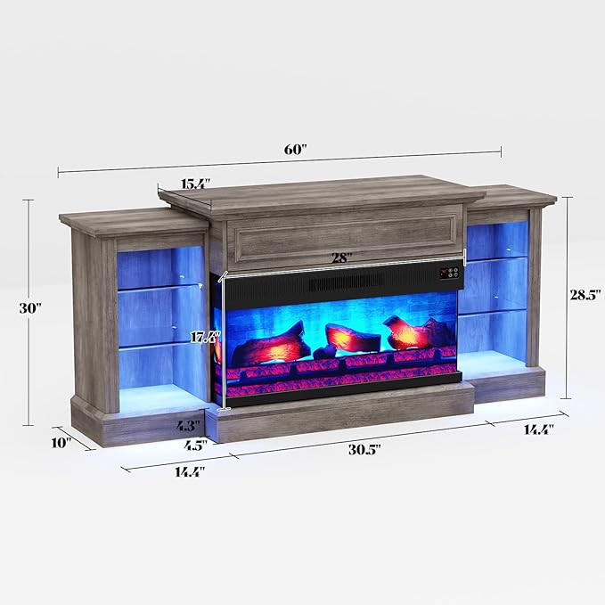 AMERLIFE 60" Electric Fireplace with Mantel, Farmhouse 3-Sided Fireplace TV Stand for TVs up to 65 Inch, Entertainment Center with Adjustable Shelves & LED Light, Rustic Grey