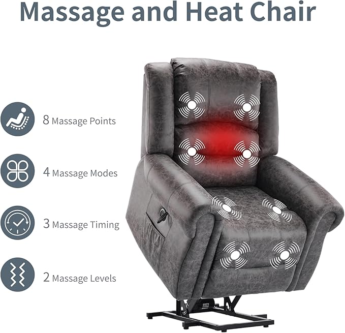 FLEXISPOT Power Lift Recliner Chair for Elderly with Massage & Heat, Faux Leather Electric Reclining Chair for Seniors with USB Ports, Cup Holders & Side Pockets(Medium Size,Charcoal Gray