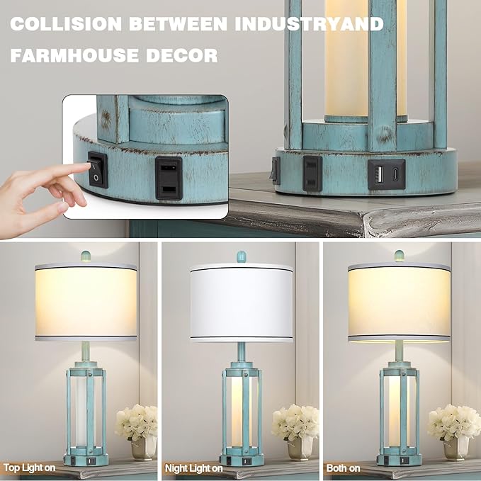 Table Lamp for Living Room, Vintage Rustic Industrial Farmhouse Lamps with USB A+C Charging Ports & AC Outlet, Beside Nightstand Metal Lamp with LED Night Light & Fabric Shade for Bedrooms