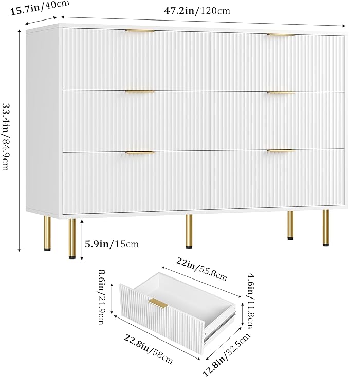 GarveeHome Fluted Wood 6 Drawers Dresser for Bedroom, Large Modern Chest of Drawers, White Dresser with Gold Handle, Wood Drawer Organizer for Bedroom, Living Room, Hallway, Entryway