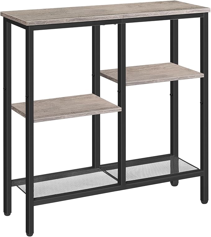 HOOBRO Narrow Console Table, Sofa Table, 4-Tier Industrial Hallway Table with Metal Mesh Shelf, Entryway Table with Adjustable Feet, for Entryway, Living Room, Hallway, Greige and Black BG79XG01