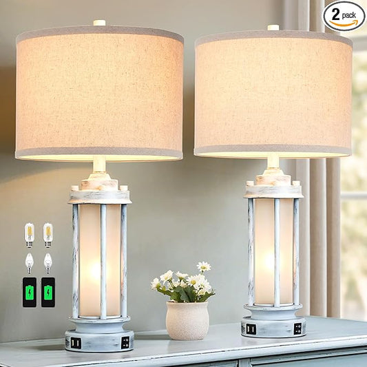 25" Rustic Table Lamps Set of 2, Vintage Nightstand Lamps with 2 USB Ports, Farmhouse Antique White Desk Lamp with Glass Night Light for Living Room Bedroom Dorms, 4 Bulbs Included