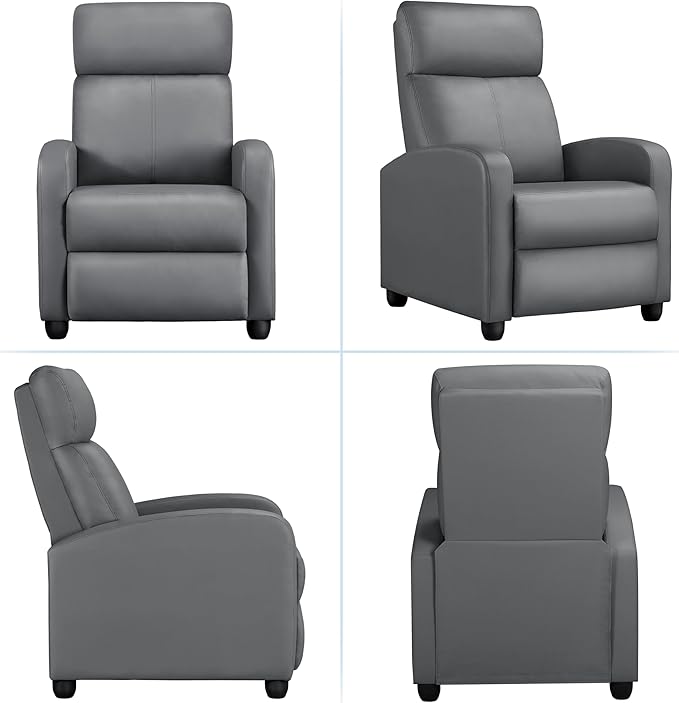 Yaheetech Recliner Chair PU Leather Recliner Sofa Home Theater Seating with Lumbar Support Overstuffed High-Density Sponge Push Silver Gray Recliners
