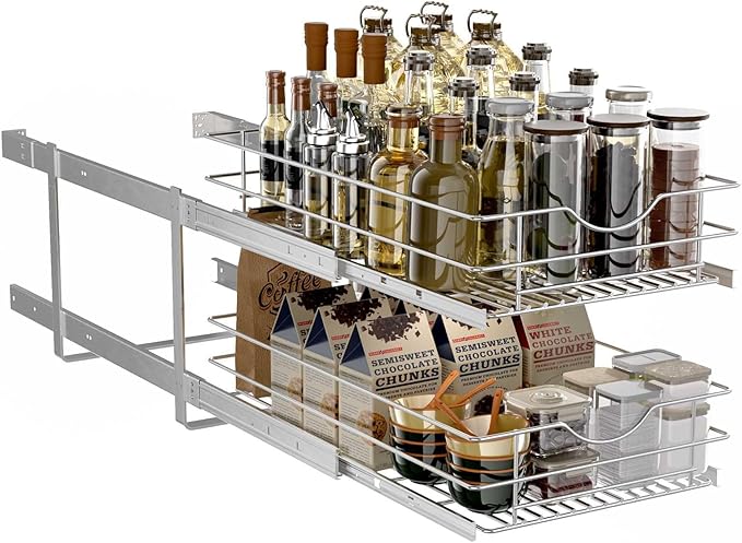 2 Tier Pull Out Cabinet Organizer,(20½"W x 22" D) Soft Close Slide Out Drawer For Kitchen Base Cabinet, Individual Pull Out Shelf, Roll Out Pantry Organization, 22 Inch Deep