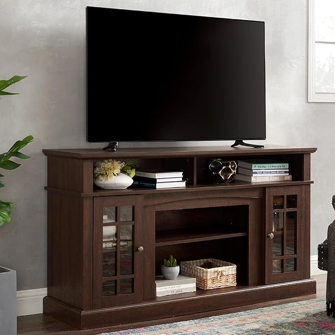 HMFULE 58" TV Stands for Living Room 55 60 65 inch Television, Entertainment Center 2 Glass Doors & Adjustable Shelves, Wood Modern Farmhouse Buffet Cabinet with Storage, Bedroom Furniture (Espresso)