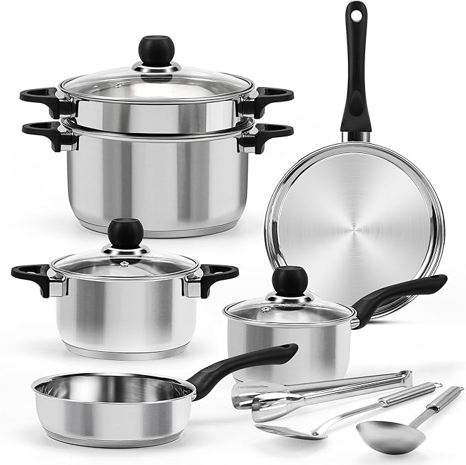 Stainless Steel Cookware Set, 12-Piece Pots and Pans Set, Induction Kitchen Cookware Set with Stay-Cool Handles, Non-Toxic, Dishwasher Safe & Suitable for All Cooktops, Black