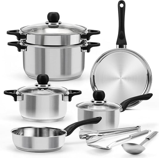 Stainless Steel Cookware Set, 12-Piece Pots and Pans Set, Induction Kitchen Cookware Set with Stay-Cool Handles, Non-Toxic, Dishwasher Safe & Suitable for All Cooktops, Black