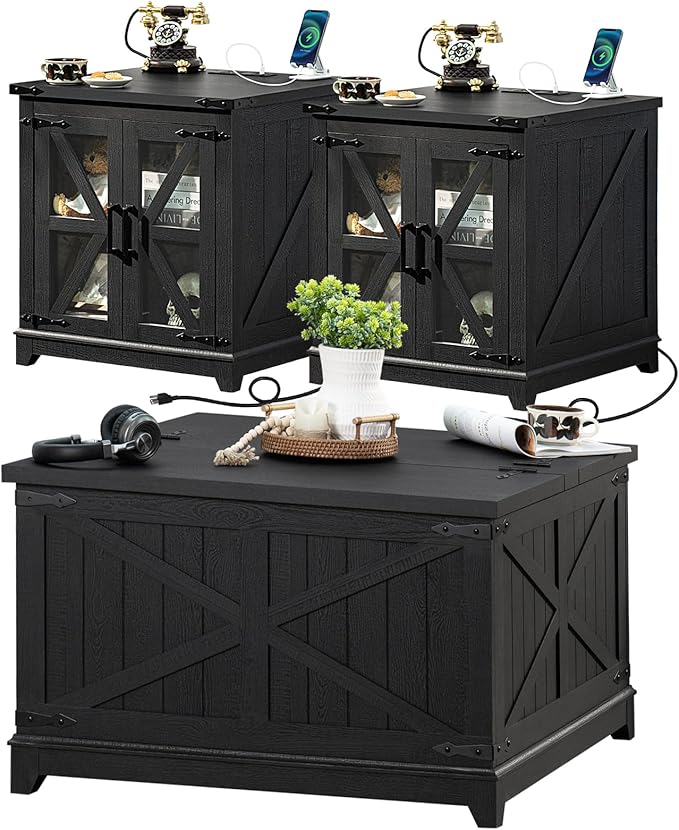 Farmhouse Coffee Table Sets 3 Pieces, Large End Side Tables with Charging Station and Coffee Table with Hidden Storage Compartment, Black Living Room Table Set, Wood Furniture Sets for Home Office