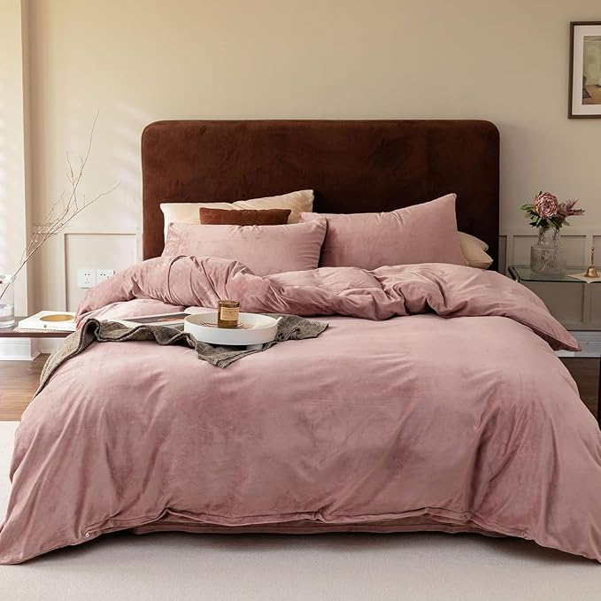 Cottonight Pink Velvet Comforter Set - California King Dusty Pink Flannel Bedding - Thick Heavyweight Blush Pink Warm Blanket Quilts - Winter 3 Piece Set for Cal King Bed