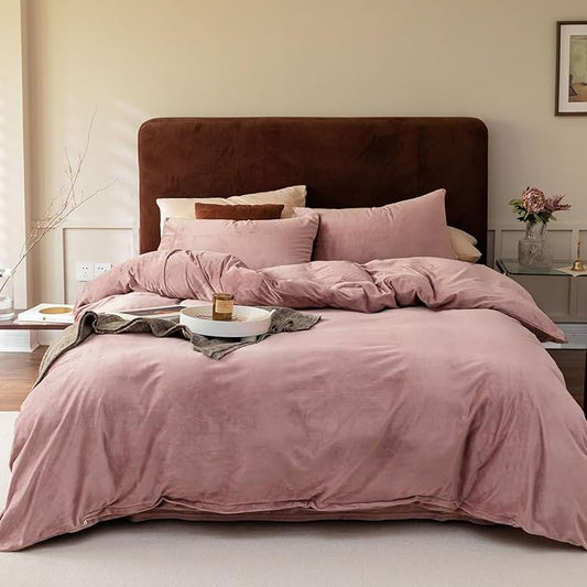 Cottonight Pink Velvet Comforter Set - California King Dusty Pink Flannel Bedding - Thick Heavyweight Blush Pink Warm Blanket Quilts - Winter 3 Piece Set for Cal King Bed