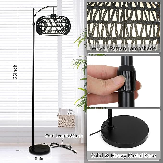 Arc Floor Lamp with 3 Color Temperatures,Black Floor Lamp with Remote Control, Boho Standing Lamp with Rattan Wicker Shades, Farmhouse Tall Pole Lamp for Living Room Bedroom