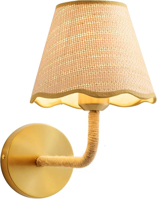 Boho Hand Woven Ratten Wall Sconce, Single Wall Lamp with Grass-Woven Lampshade for Bedroom Living Room Hallway Porch, E26 Base