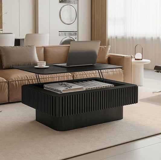 Lift Top Coffee Table for Living Room,Rectangle Handmade Solid Wood Strips, Fluted Coffee Table with Hidden Storage Compartment for Small Space Office Apartment (38.6"L×26.8''W×13.8''H-Black)