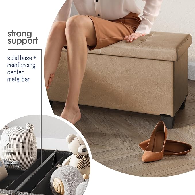 STORAGEBUD Storage Ottoman Bench with Bins, 43-in Storage Bench for Bedroom End of Bed, Folding Foot Rest Ottoman for Living Room Max 660lbs, Faux Leather Ottomans, Taupe