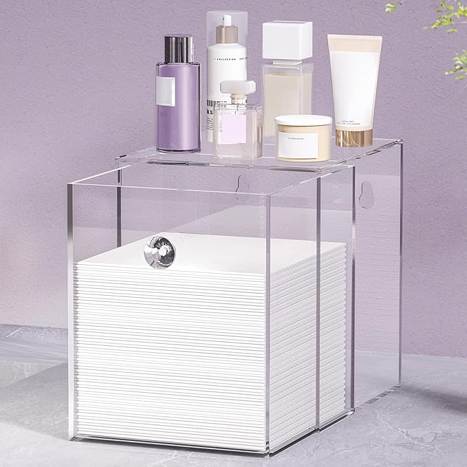 Delamu Disposable Facial Towels Storage Box - Stackable Acrylic Organizer Compatible with Clean Skin Club Towel XL, Bathroom Vanity, Dresser Holder, Dustproof Multipurpose for Makeup, Skincare, Clear
