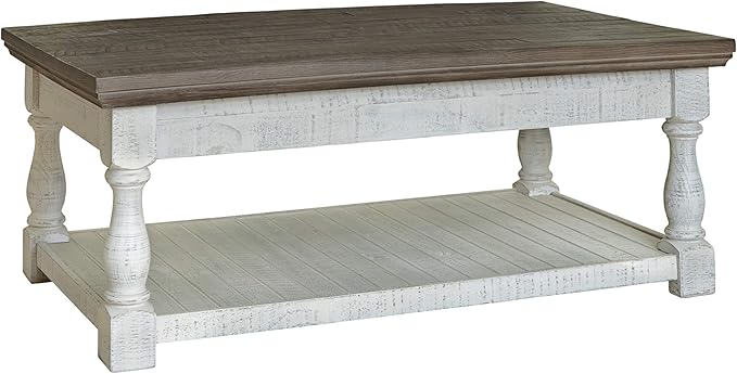 Signature Design by Ashley Havalance Farmhouse Lift Top Coffee Table with Fixed Shelf and 2 Hidden Storage Trays, Gray & White with Weathered Finish
