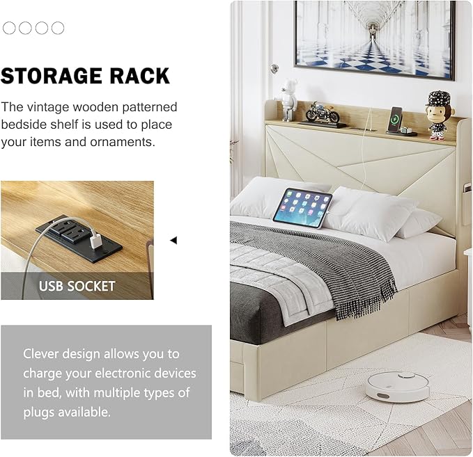 Full Size Bed Frame with 3 Drawers, Upholstered Bed Frame Full Size with Storage Headboard, AC USB & Type C Charge Station, Wooden Support Slats No Box Spring Needed Easy Assembly, Beige
