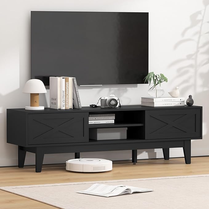 Wooden TV Stand for 55 65 70 inch TV, Long & Large TV Media Console Table with Storage Cabinets, Boho Farmhouse Entertainment Center for Living Room, Bedroom - Black