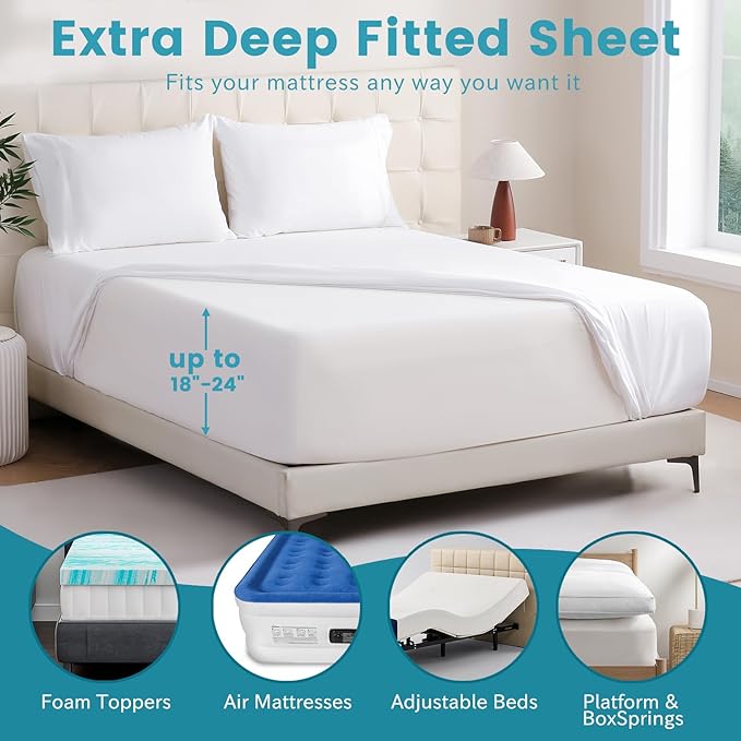 Bedlifes Queen Sheet Set, Extra Deep Pocket 18-24 Inches,1000Thread Count 100% Egyptian Cotton, Soft and Breathable Sateen 4-Piece, White
