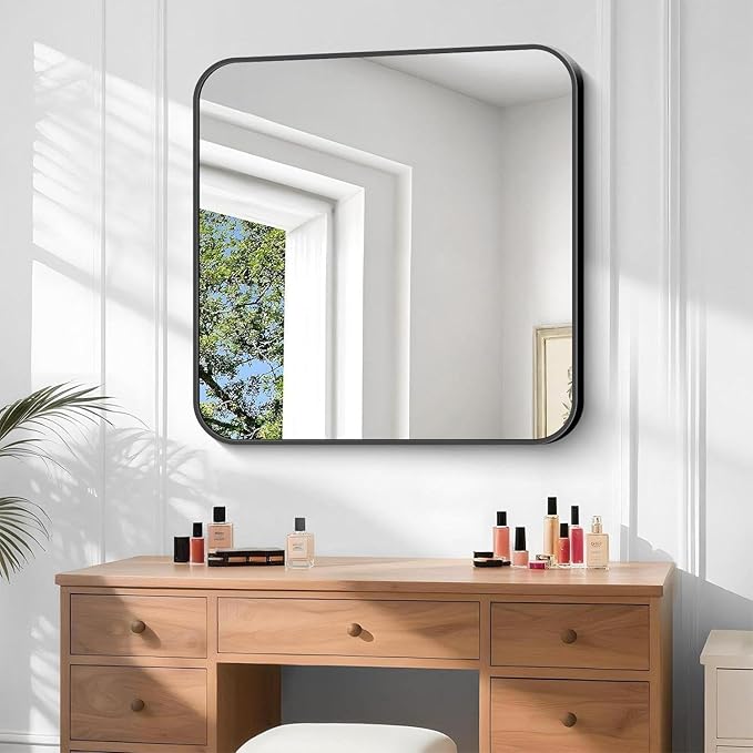 Bathroom Mirror, 40 x 36 inch Black Rectangle Wall Mirror, Metal Frame Rectangular Vanity Mirror, Rounded Corner Wall Mounted Mirror for Modern Bedroom Living Room Hangs Horizontal/Vertical