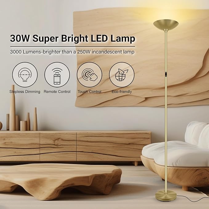 BoostArea Dimmable Floor Lamp,30W 3000LM Super Bright LED Torchiere Standing Lamp with Remote & Touch Control,71 in Tall Pole Sky Modern Floor Lamps for Living Room Bedroom Office,2700k-6500k,Gold