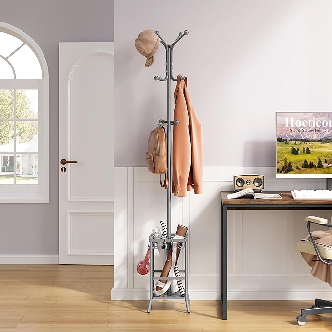 Hoctieon Coat Rack Freestanding With Umbrella Holder, Metal Coat Tree With 12 Hooks, Standing Hanger for Entryway, Hat Rack for Home Office, Gray