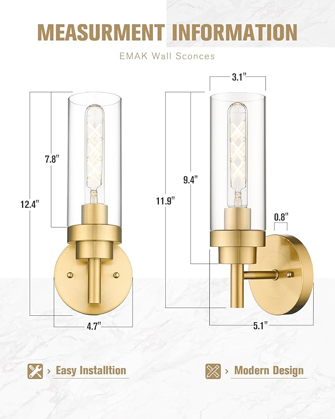 Emak Brushed Gold Sconce, Bathroom Vanity Light with Clear Glass Shade, Modern Wall Light Fixtures for Bathroom, Mirror, Hallway, Bedroom, WS085-BGD