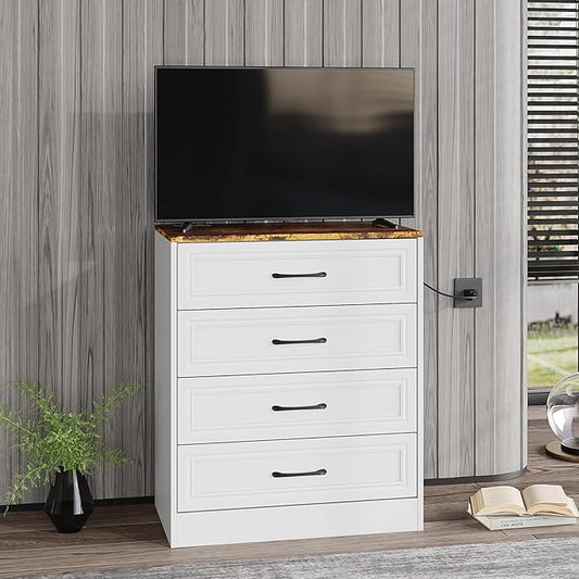 Fameill Dresser for Bedroom, 4 Drawer Small Dresser Organizer with Charging Station for Livingroom, Chest of Drawers with Metal Handles, Farmhouse White