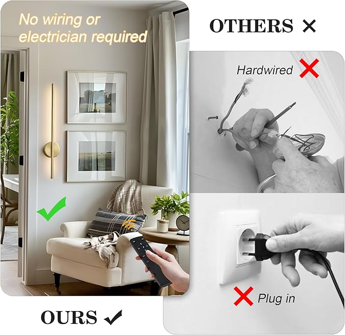 Battery Operated Modern Wall Sconces, Dimmable Wireless Wall Light Set of Two with Remote Control, 3 Color Temperatures, Rechargeable LED Wall Sconce for Bedroom, Living Room, Hallway, 27.6 Inch Brass