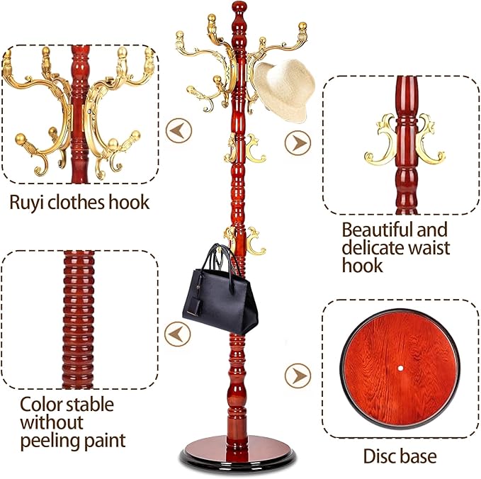 Wooden Coat Rack Stand, High-Grade Coat Racks freestanding with 14 Hooks & Stable disc Base, Easy to Assemble Coat Hanger Stand, for Entryway, Hallway, Bedroom and Office (Begonia)