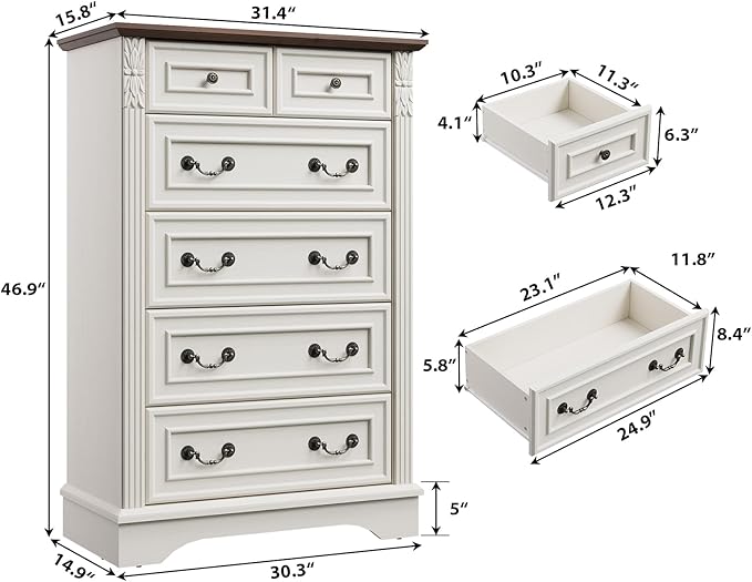 Modern 6 Drawers Dresser for Bedroom, White Farmhouse Dressers, 47" Tall Chest of Drawers w/Carved Wood Pilasters, Wood Closet Organizers and Storage Cabinet for Bedroom, Living Room