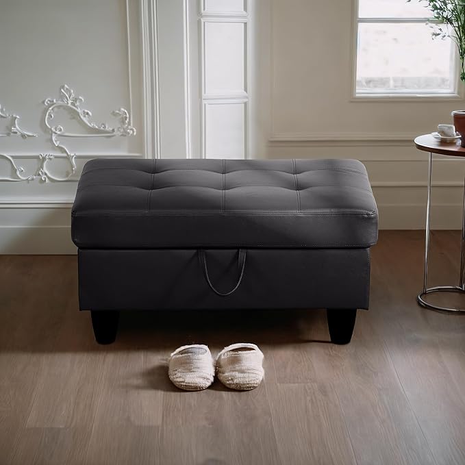 Ottoman Rectangular Storage Ottoman Bench, Faux Leather Footrest, Coffee Table, Stool Footstool with Hinged Lid for Living Room, Bedroom, Entryway, Black, 35"x23.5"x17.5"