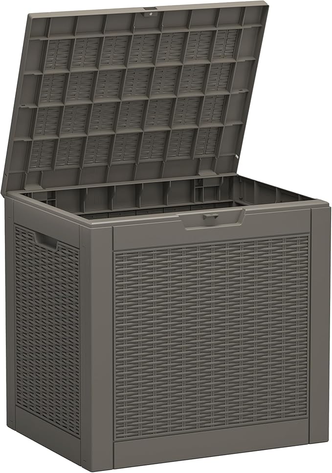 35 Gallon Outdoor Storage Box, Waterproof Resin Deck Box with Lockable Lid, Patio Furniture Side Table & Storage Bin for Package Delivery, Patio Cushions, Garden Tools, Pool Accessories, Grey
