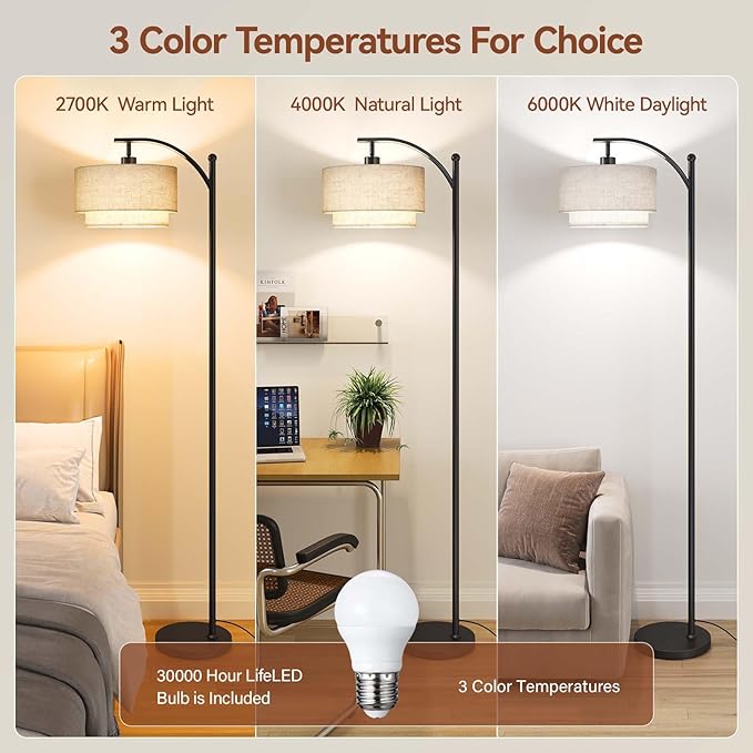 SUNMORY Floor Lamps for Living Room with 12W LED Bulb, Arc Floor Lamp with 3 Color Temperatures, Modern Floor Lamps with Adjustable Double Fabric Shades, Tall Standing Lamp for Bedroom, Corner