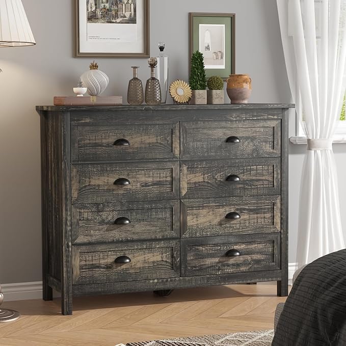 Wananlanen® Farmhouse Dresser for Bedroom, Wooden Tall Rustic Dresser for Bedroom, Hallway (Dark Oak, 8 Drawer)