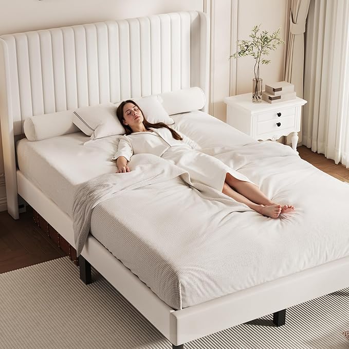 Casaottima Queen Bed Frame Upholstered Platform Bed with Wingback Headboard, Wooden Slats Support, Noise-Free Mattress Foundation, No Box Spring Needed, Easy Assembly, Vertical Stripe Cream White