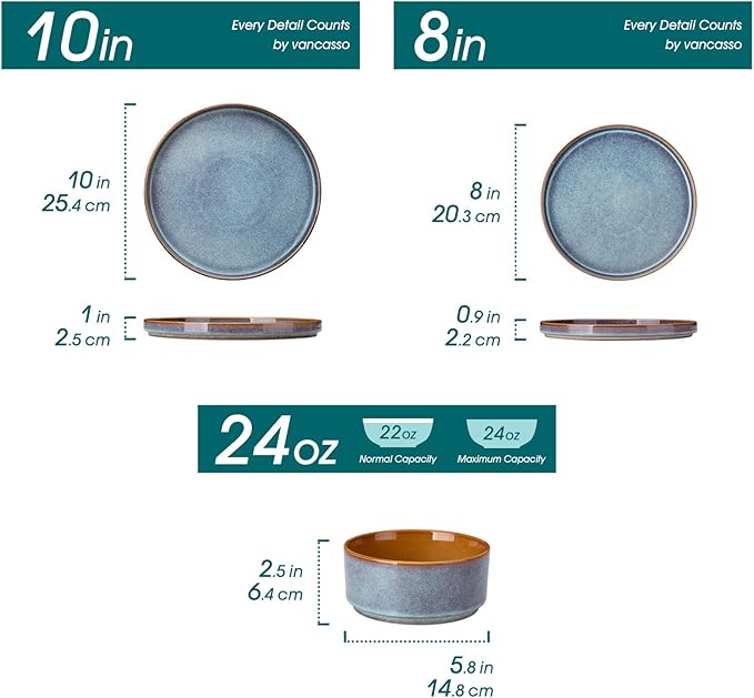 vancasso ONION Ceramic Plates and Bowls Sets, 12 Pieces Blue Dinnerware Sets for Kitchen, Reactive Glaze Dishes Set for 4, Dishwasher and Microwave Safe