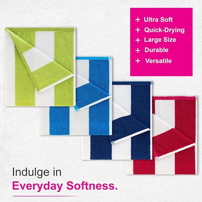 CASA COPENHAGEN Cabana Beach Towel Designed in Denmark Rough and Tough, Quick Dry, Pool, Bath & Shower 30x60 inches 4 Pieces Cotton Beach Bath Towels Set - Turquoise, Green, Pink, Royal Blue