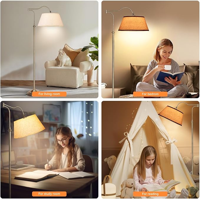 Swing Arm Floor Lamp, Brass Floor Lamps for Living Room with 180° Adjustable Cantilever, Beige Linen Lampshade, Mid Century Floor Lamp for Bedroom Office Home Nursery Study Room Hotel(Bronze)
