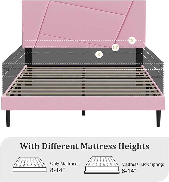 Full Size Bed Frame, Full Platform Bed Frame with Velvet Upholstered Headboard, Geometric, Sturdy Frame and Wooden Slats, Noiseless, No Box Spring Required, Easy to Assemble，Pink