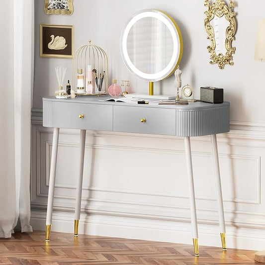 WinZo 40" Vanity Desk with Mirror and Lights, Small Makeup Vanity Table with 2 Storage Drawers and Charging Station, 3 Color Touch Screen Stylish Dressing Table for Small Spaces & Bedroom, Gray